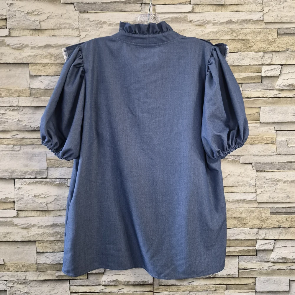 Fashion Blouse Size XL Denim Embroidered Boho Peasant Puff Sleeves Cottagecore - Picture 2 of 9